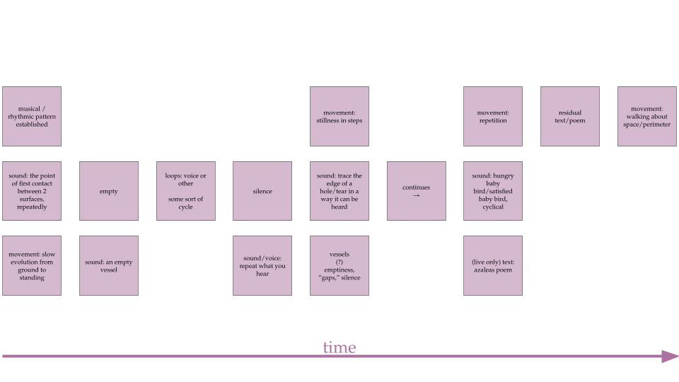 The performers' score for the performance. A series of boxes in 9 columns, with instructions in text. The progression from left to right depicts time.